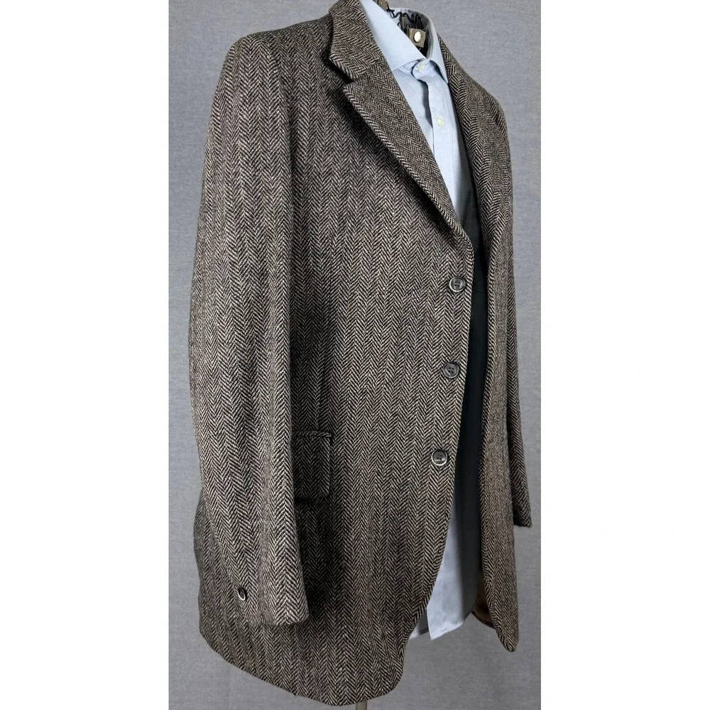 Vintage Bespoke Harris Tweed Herringbone Wool Blazer Sport Coat Brown 42R